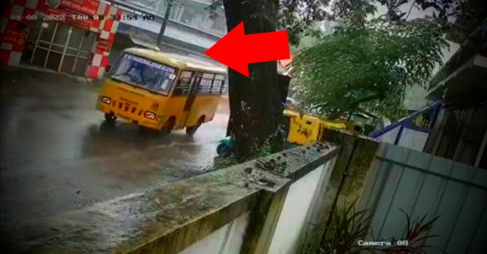 Massive tree uprooted due to heavy rain: Narrowly misses a passing school bus