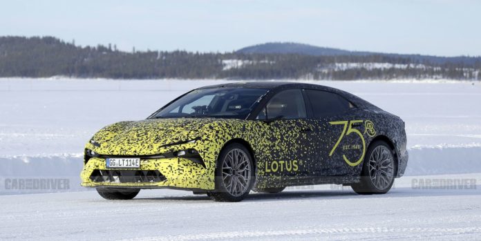 Electric Lotus Envya Sedan Spied Testing with Slippery Bodywork