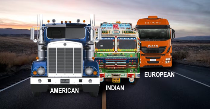 American semi truck and Indian lorry and European truck on a highway