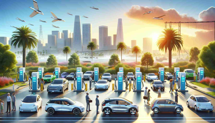 Create a realistic HD image depicting the progress of the electric vehicle revolution in California, with emphasis on emission reduction. Picture a scene with several charging stations filled with a diverse range of electric vehicles. Show a bright, sunny day reflecting California's climate, and show the surrounding environment as clean, bright and pollution-free as an indication of successful emission cuts. Additionally, include diverse Californians of different descents and genders as owners and operators of these electric vehicles to showcase the widespread participation in this revolution.