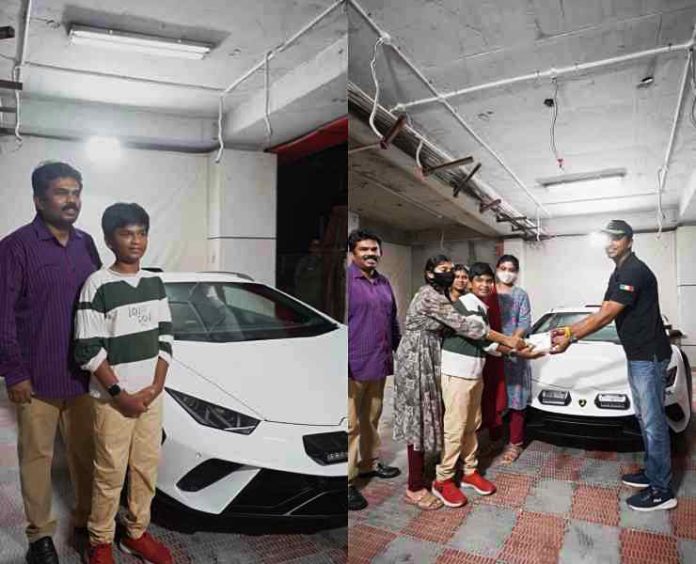 simple father and son take delivery of Lamborghini Huracan Sterrato